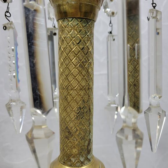 Antique Brass Candlesticks 11" Gold Candle Holder Crystal Prisms Ornate Art Deco - Picture 2 of 16